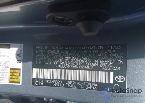 2024 Toyota Corolla Hybrid Le from USA, damaged, VIN JTDBCMFE6RJ024482